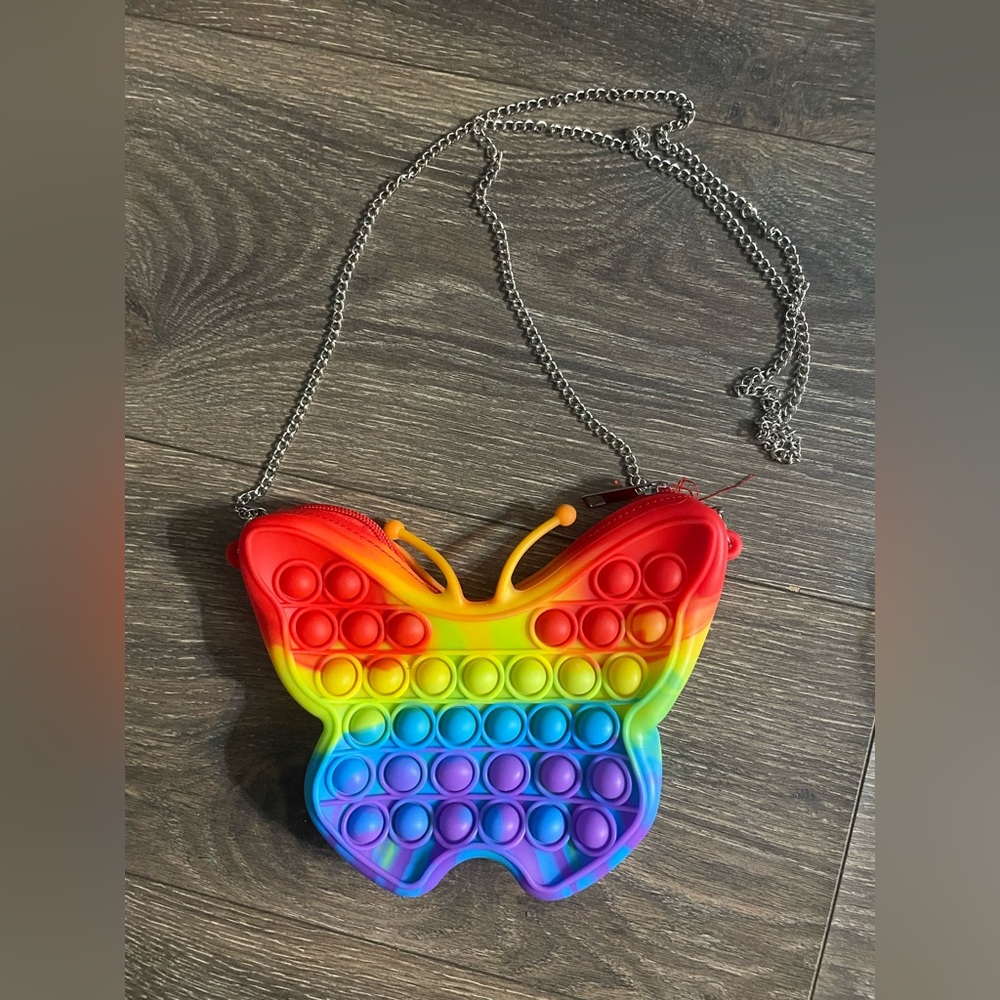 New girls Rainbow Butterfly Pop It Purse plastic easy wash zip